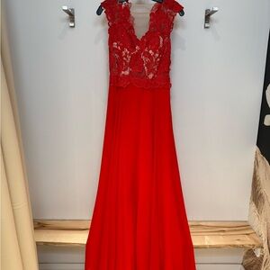 Dave & Johnny Vibrant Red Lace Prom Dress